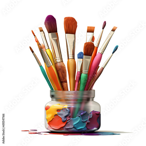 Artist paint brushes in a glass, 3d, isolated on white or transparent background. Generative AI