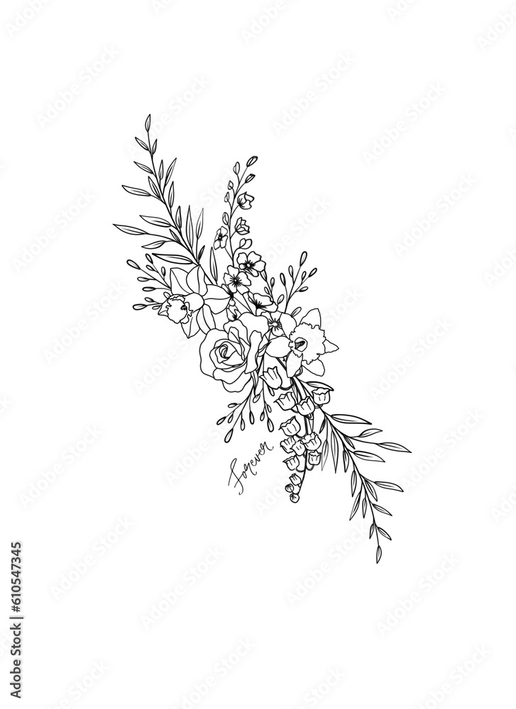 Fototapeta premium Floral branch with leaves, line drawing, packaging or design elements