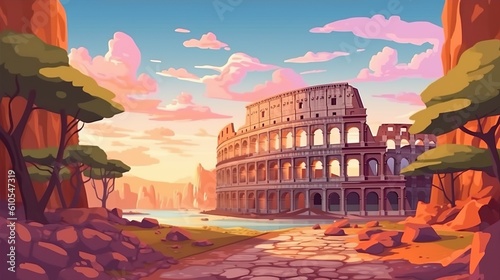 Background Roman Colosseum. Eye-catching banner design featuring an artistic representation of the iconic Roman Colosseum. Generative AI.