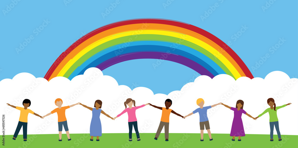 happy children of different skin color holding hands under rainbow