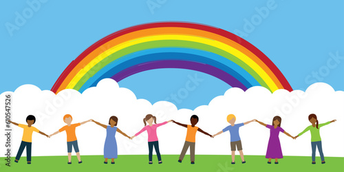 happy children of different skin color holding hands under rainbow