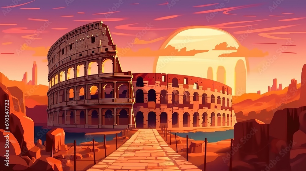 Background Roman Colosseum. Impressive  illustration capturing the majesty and scale of the Roman Colosseum on the sunset. Generative AI.