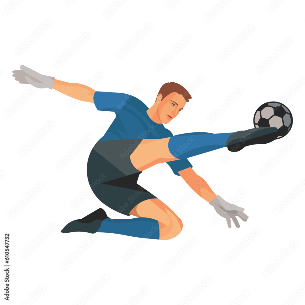 Figure of a football goalkeeper in blue sports t-shirt kicks the ball with his foot Figure of a football goalkeeper in blue sports t-shirt kicks the ball with his foot