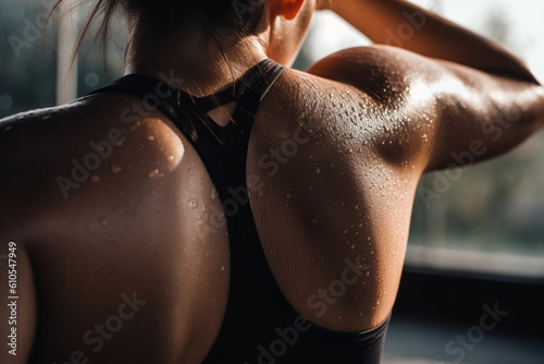 Close up of woman back with flexing her muscles in sweat on skin after workout