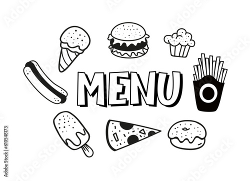 Menu. Logo for banner, flyer, poster design. Meal menu vector template. Food concept. Cute black and white illustration. Nutrition logo symbol. Funny label food menu.