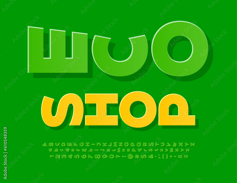 Vector modern sign Eco Shop. Creative Sticker Font. Set of Green rotate Alphabet Letters, Numbers and Symbols Vector modern sign Eco Shop. Creative Sticker Font. Set of Green rotate Alphabet Letters, Numbers and Symbols