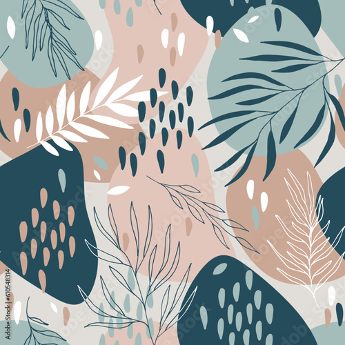 Scandinavian seamless doodle pattern with vintage leaves sketch.  For wrapping paper. Ideal for wallpaper, surface textures, textiles.