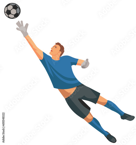 Vector isolated figure of a football goalkeeper in blue sports uniform jumping and catching the ball