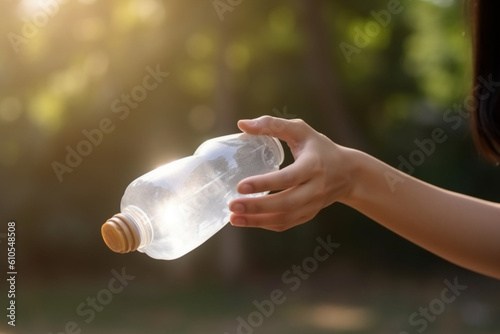 Close up shot of a woman's hand holding a empty plastic bottle to throw it into the trash