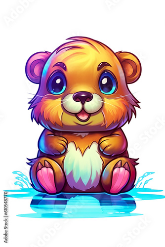 A cartoon bear sitting on a puddle of water. Generative AI.