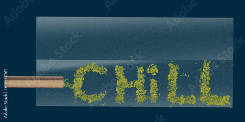 an illustration of a rolling joint with cannabis. The ground cannabis particles are arranged to form the word 
