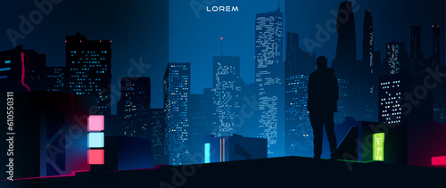 A man is standing on the roof. A futuristic city at night with neon lights. Night skyscrapers. Blue color background. Vector illustration