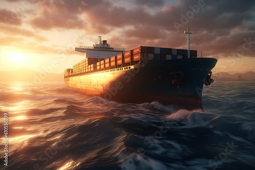 Container cargo ship boat in the open sea, import export business commercial trade logistic and transportation, ocean ship carrying container concept, AI Generative.