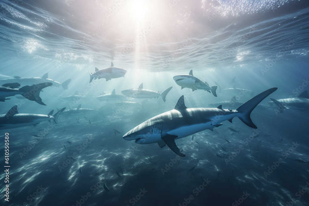 Obraz premium Many white tiger sharks underwater in the ocean sunlight, AI Generative.