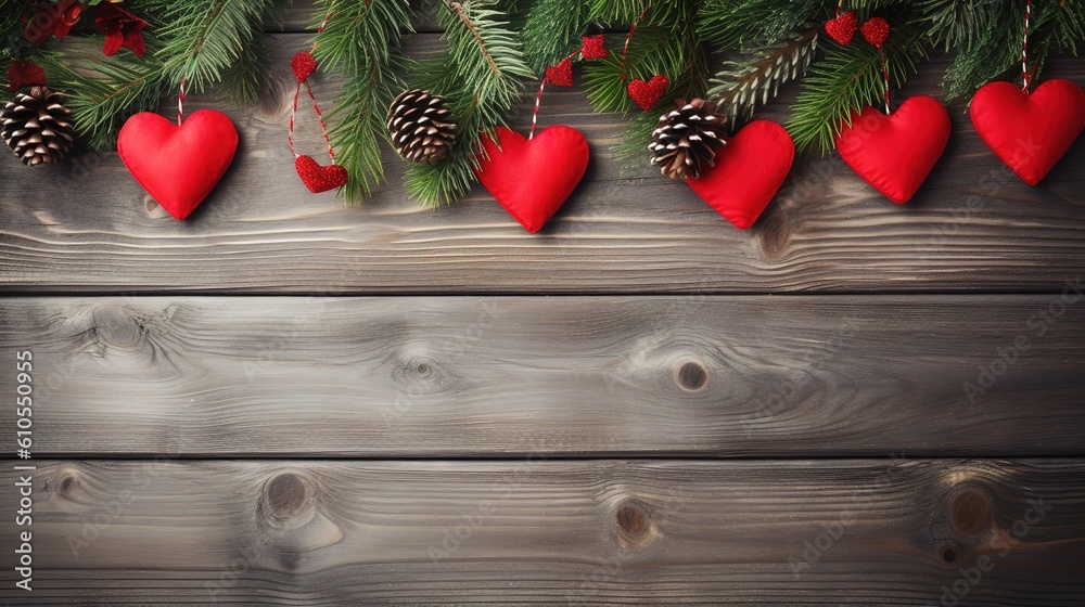 christmas holiday evergreen pine branches and red hearts wood background with copy space