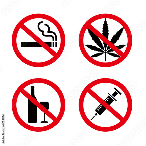 Narcotics and cannabis prohibition sign icon set