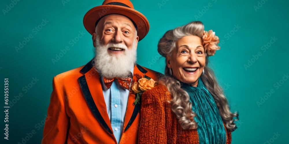 Fototapeta premium portrait of an cool and happy senior couple with hat, crazy lifestyle concept, fictional persons created with generative ai