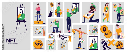 Nft token cryptocurrency flat composition buying arts and selling them with cryptocurrency set vector illustration