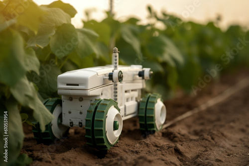 Smart farm. Small Robot is used in tasks harvesting vegetables on the field. AI generated Generative AI