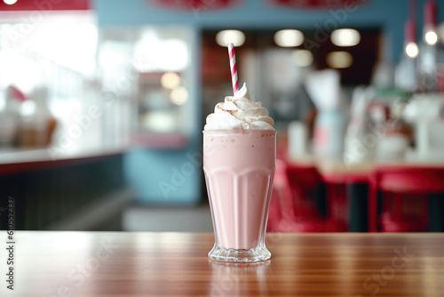 A glass of strawberry milkshake with whipped cream and paper straw on a table in a pastry shop.