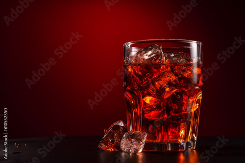 Cola with ice, Fresh cold sweet drink with ice cubes, Over red background with copy space