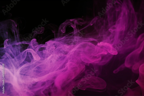 Color mist, Glitter smoke, Paint water splash, Magic potion, Purple pink glowing sparkling particles fog floating on dark black abstract art background with free space