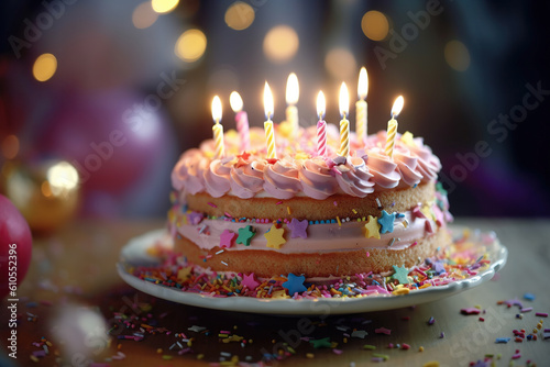 Image of a birthday cake with lightened candles on a table at the party.