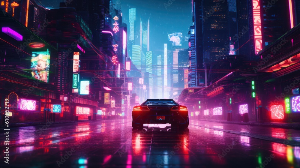Car in cyberpunk city at night. Generative AI.