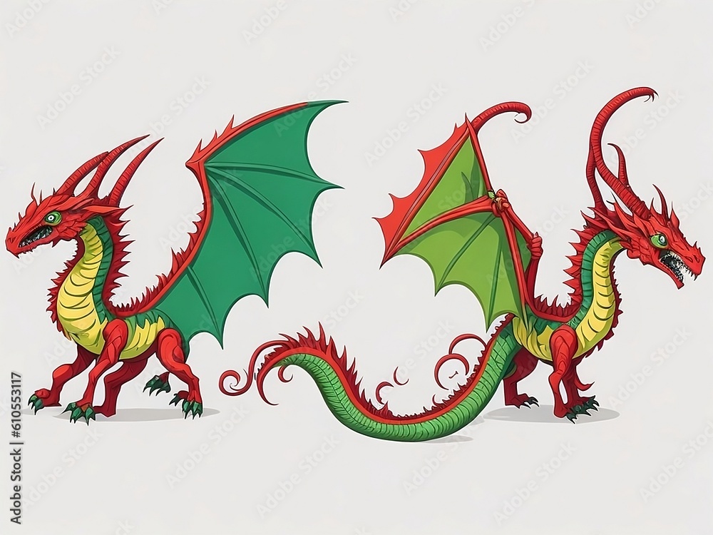 Obraz premium Fairy tale dragon, magic creature with tail and wings. Сartoon illustration of fire breathing monsters from medieval mythology, fantasy red and green flying beasts isolated on white background, Genera
