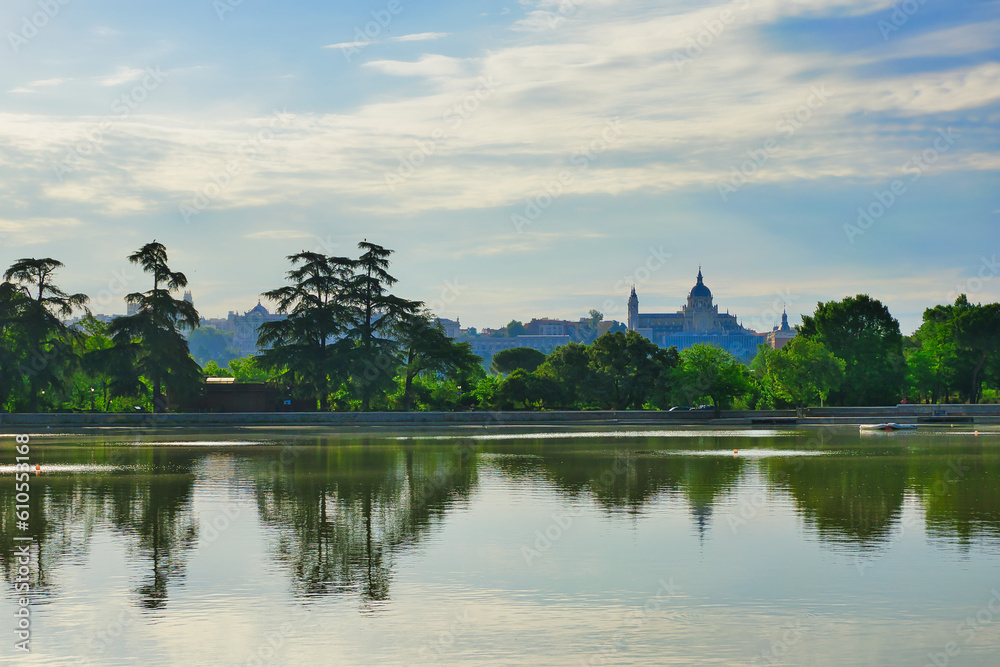 Skyline of the city of Madrid Spain seen from the Casa de Campo lake