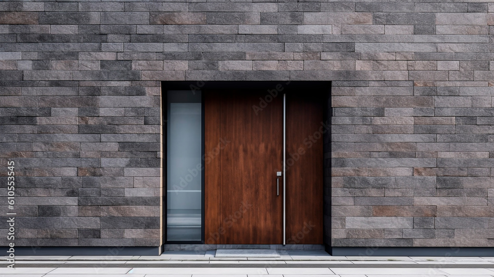 A modern entrance wooden door in a stone wall. Generative AI.