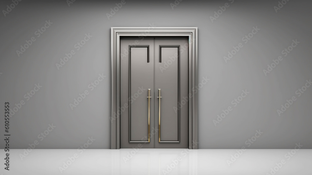 Door with Golden Door Handle on Gray Wall Background. Minimalist Design, Elegant Entrance, Architectural Detail. Door with Golden Door Handle on Gray Wall Background. Minimalist Design, Elegant Entrance, Architectural Detail.
