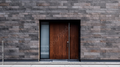 A modern entrance wooden door in a stone wall. Generative AI.