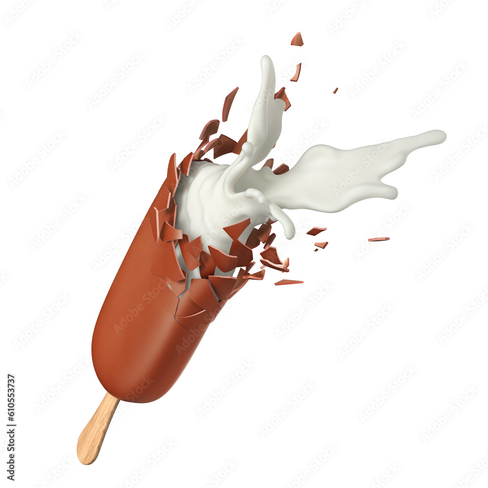 Exploding Ice Creaam Ice cream with chocolate glaze explosion and milk splash on a white ...