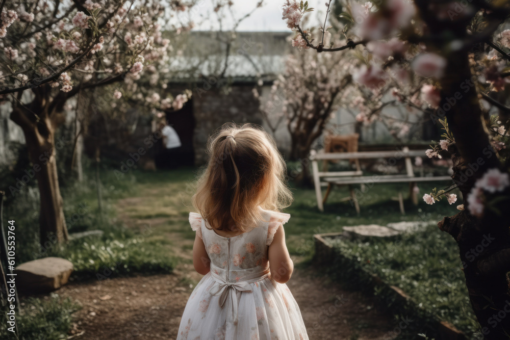 Little girl in the blossoming garden Generative AI Little girl in the blossoming garden Generative AI