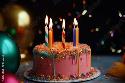 Colorful birthday cake with sprinkles and burning candles and festive caps on the sparkling gold tinsel background