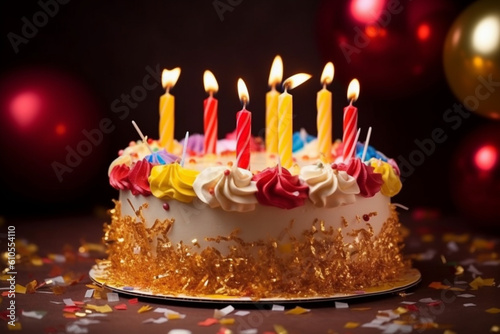 Colorful birthday cake with sprinkles and burning candles and festive caps on the sparkling gold tinsel background
