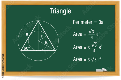Triangle. Perimeter and area on a green chalkboard. School. Math. Vector illustration.
