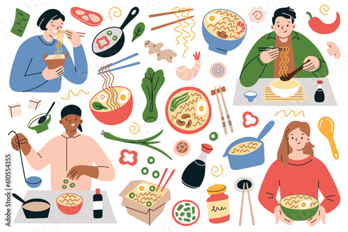 Ramen hand drawn collection, bowls with asian noodles, people eating noodle soup with chopsticks, chinese noodles in box container, korean and japanese food, cooking ramen, flat vector illustrations