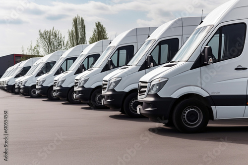 Billede på lærred commercial delivery vans parked in row, Transporting service company