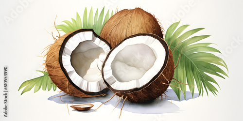 Ripe Coconut Fruit with Green Leaves on White Background