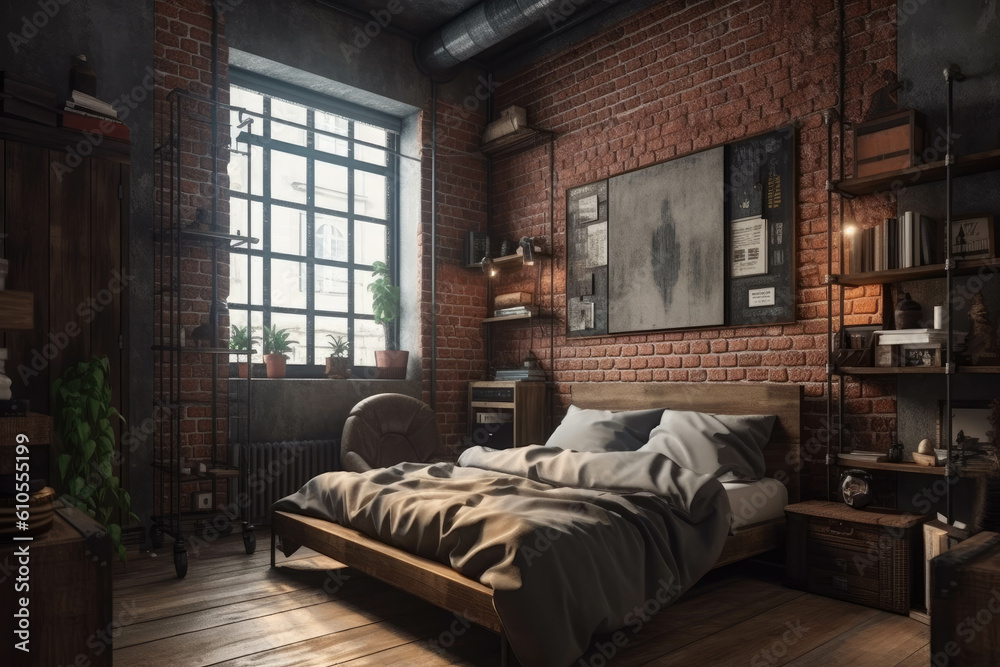 Bedroom decor, home interior design . Industrial Rustic style with Brick Wall decorated with Metal and Wood material. Generative AI Bedroom decor, home interior design . Industrial Rustic style with Brick Wall decorated with Metal and Wood material. Generative AI