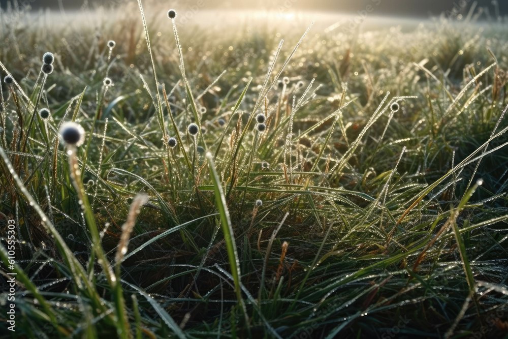 Dew on the fresh spring grass in the field. Generative AI