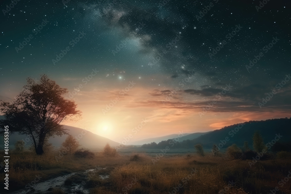 Beautiful celestial sky in dreamy fantasy with bright star in the sky over nature landscape. Generative AI Beautiful celestial sky in dreamy fantasy with bright star in the sky over nature landscape. Generative AI