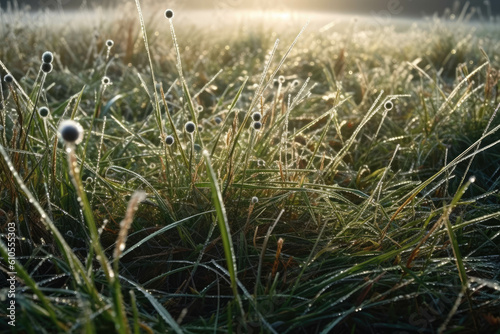 Dew on the fresh spring grass in the field. Generative AI