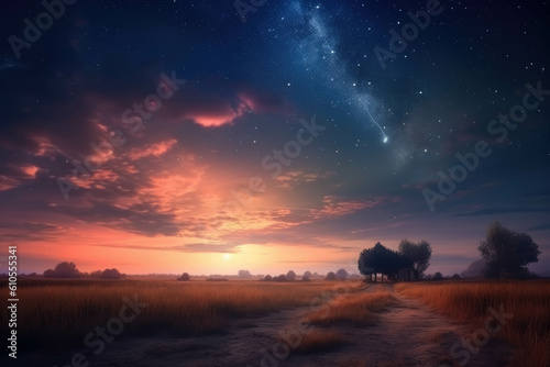 Beautiful celestial sky in dreamy fantasy with bright star in the sky over nature landscape. Generative AI