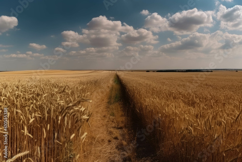 Golden wheat field and blue sky with cirrus clouds. Generative AI