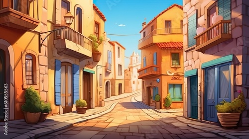 Background cozy street in small town. The charm of cozy street in a small town comes to life in a delightful banner design with intricate illustrations against an abstract background. Generative AI. © Andrey