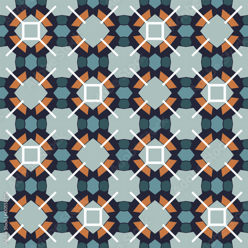 Seamless pattern with a complex ornament in blue and yellow colors. Stylized flowers and white squares. Vector illustration