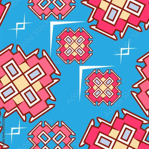 Seamless pattern with decorative pink and white elements on a blue background. Vector illustration